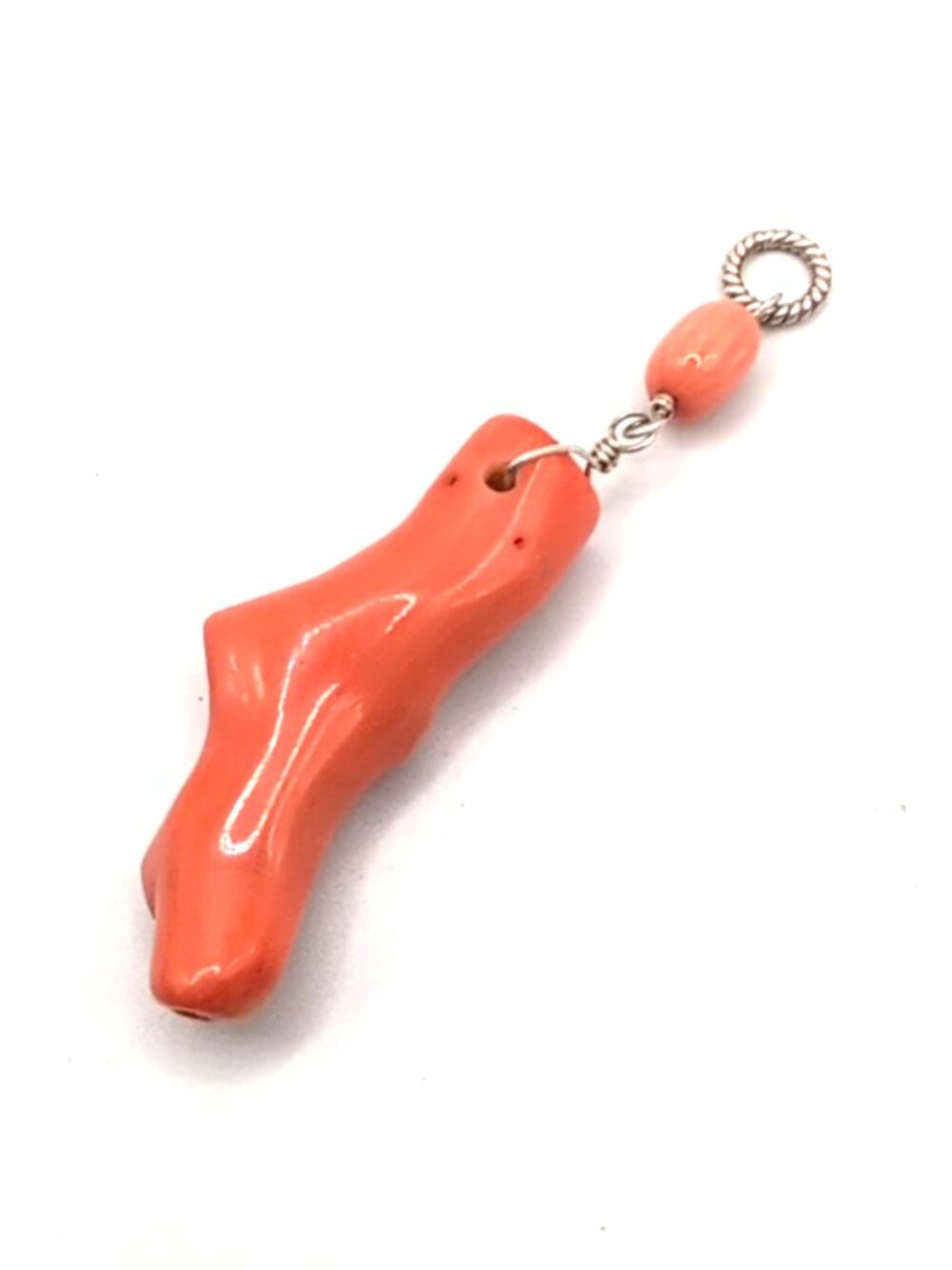 Natural Red Coral Pendant 2.75" Long on Silver Tone Wire No Chain Included VGC